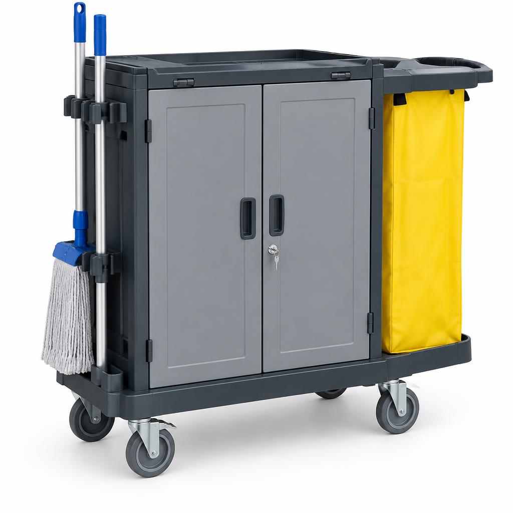 Chariot de nettoyage fermé — 6 seaux, presse à mop & sac à linge (réf. RWGS6B)